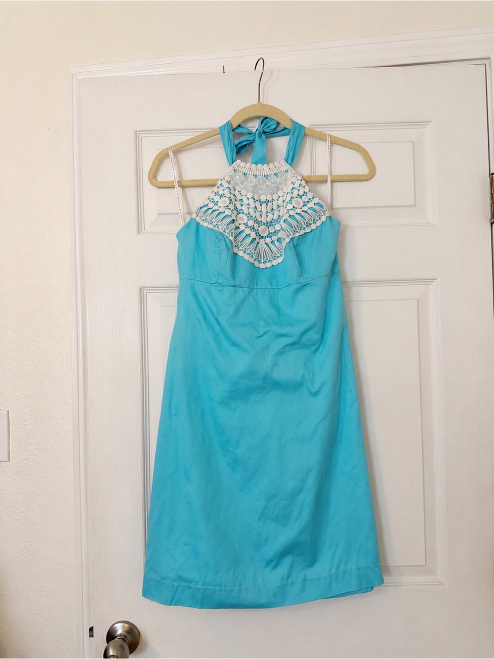 Lilly Pulitzer Turquoise Blue Halter Mini Dress with White Crochet Bib